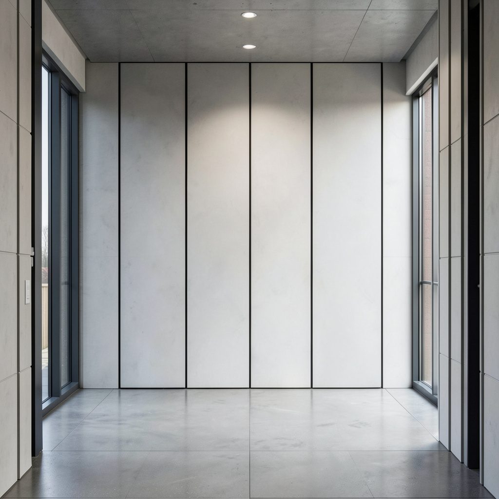 Clean architectural photograph with strong symmetry, light gray and white tones, conveying a calm and orderly professional setting.