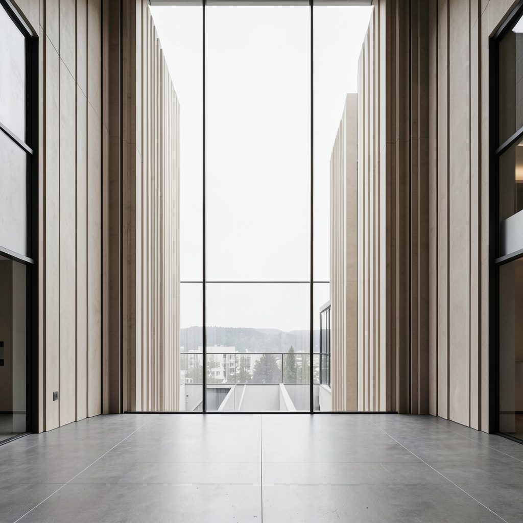 Clean architectural photograph with strong symmetry, dark and light gray tones, conveying a modern professional atmosphere.