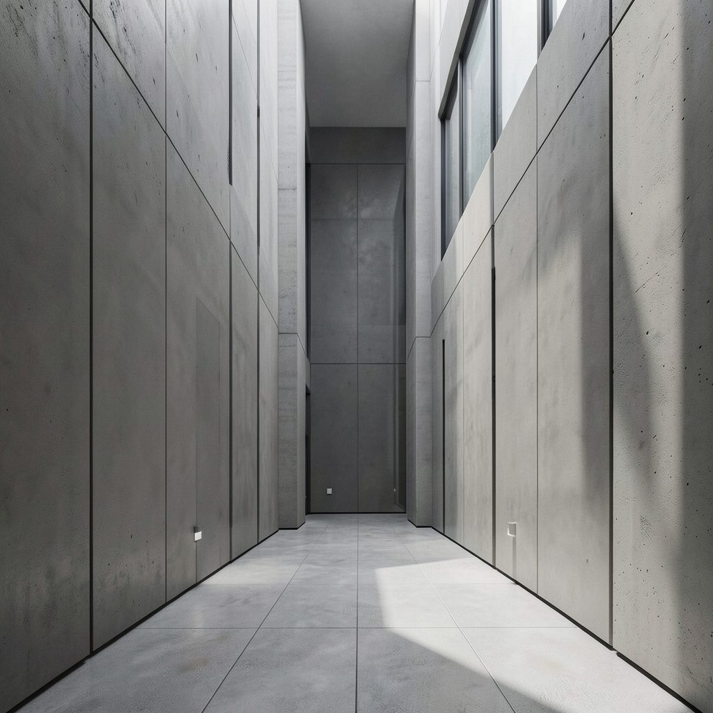 Clean architectural interior with strong symmetry, soft neutral tones, and a calm professional atmosphere