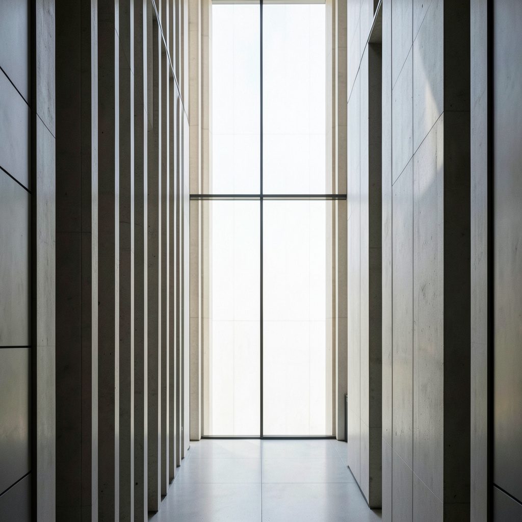 Clean architectural photograph of a modern workspace with neutral gray tones, balanced symmetry, and soft natural light