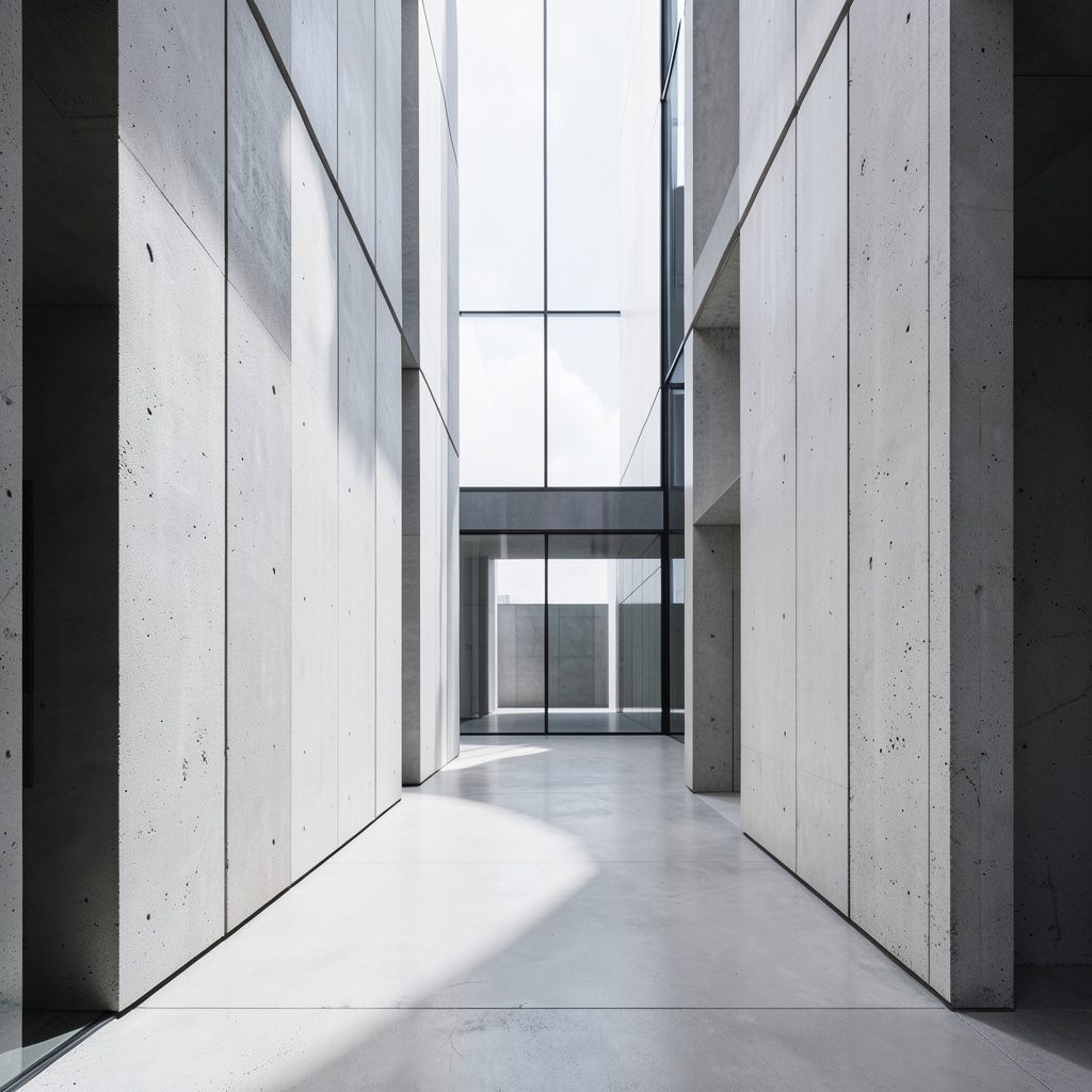 Clean architectural photograph of a modern interior with strong symmetry, soft neutral tones, and an open airy atmosphere