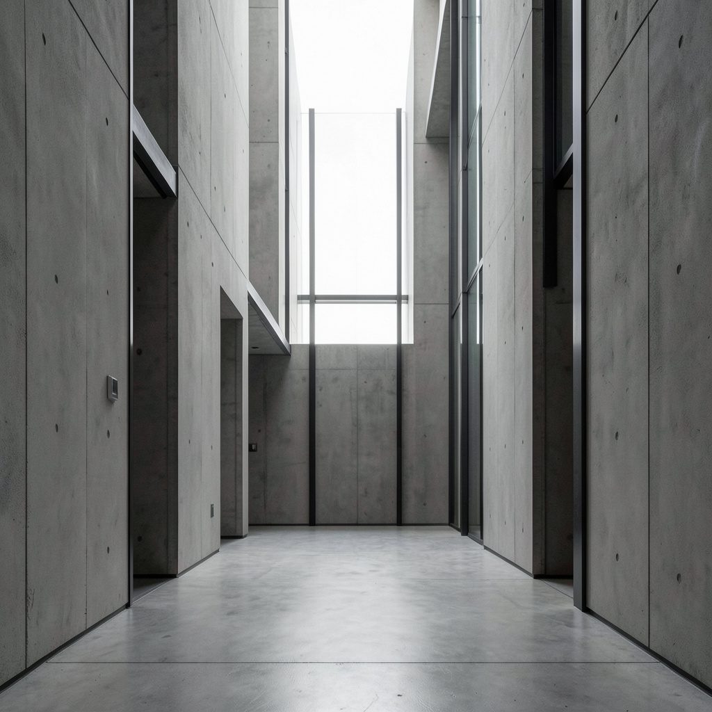 Clean architectural photograph with strong symmetry, muted gray and off-white palette, conveying trust and professionalism.